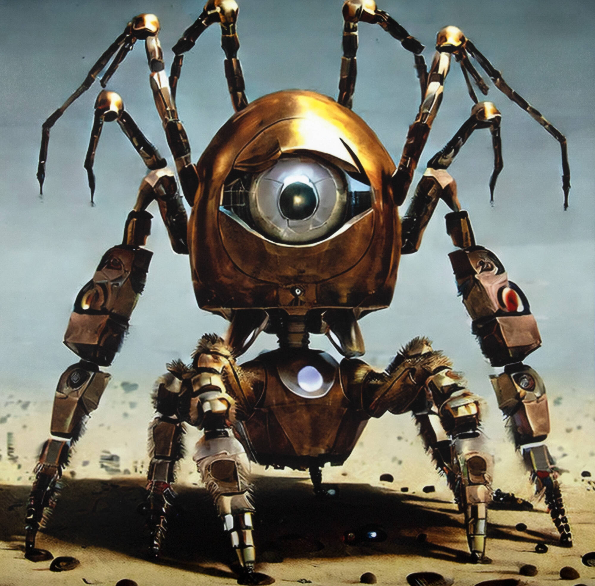 Artificial intelligence created image of a spider-like robot with many legs and one large eyeball set against a desert background.